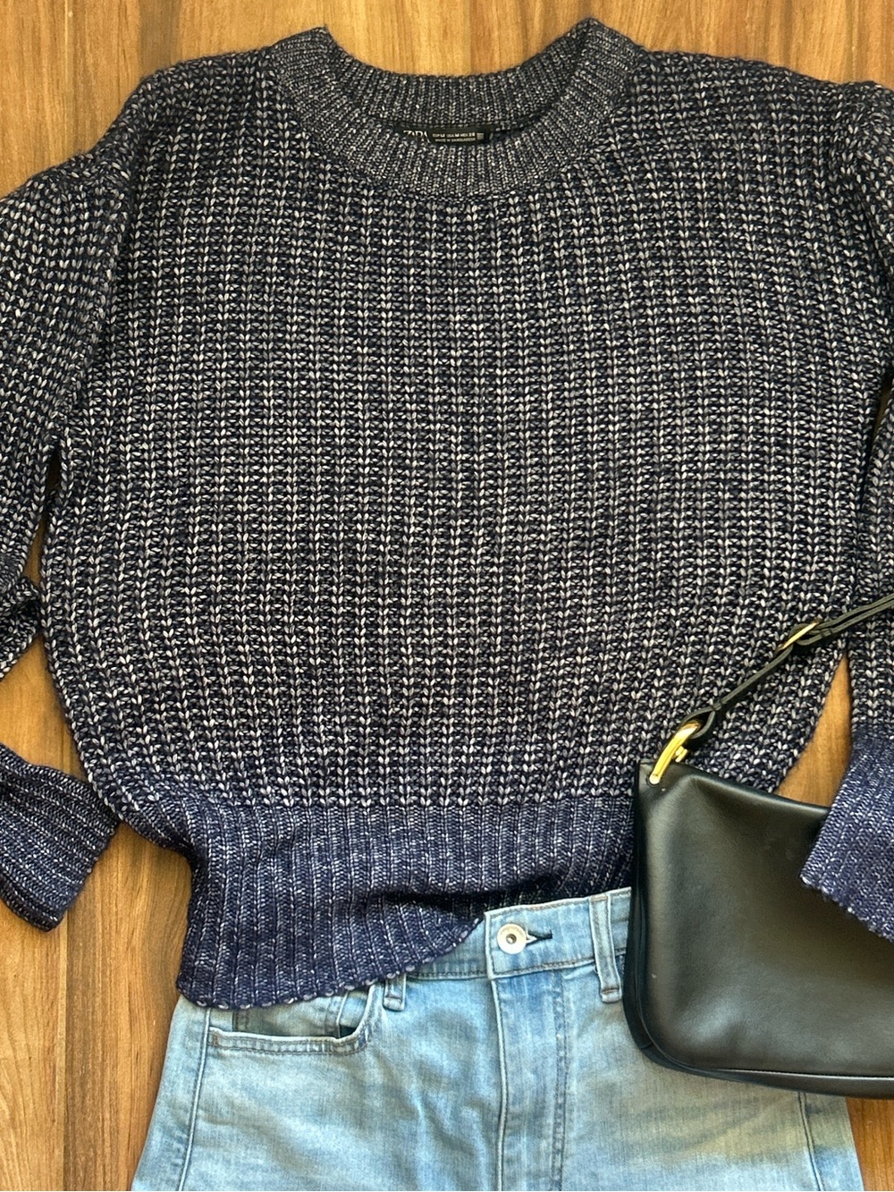 Zara Navy Puff Sleeve Chunky Knit Sweater Size M